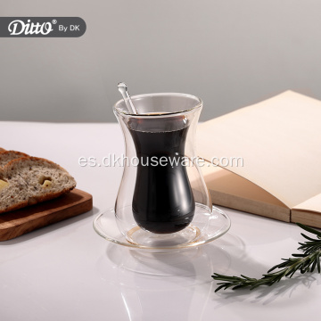 Juego de taza de vidrio de doble pared con plato de cuchara